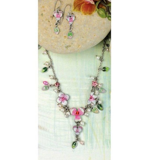 Jewelry Set Pink Floral Necklace and Earrings - Click Image to Close