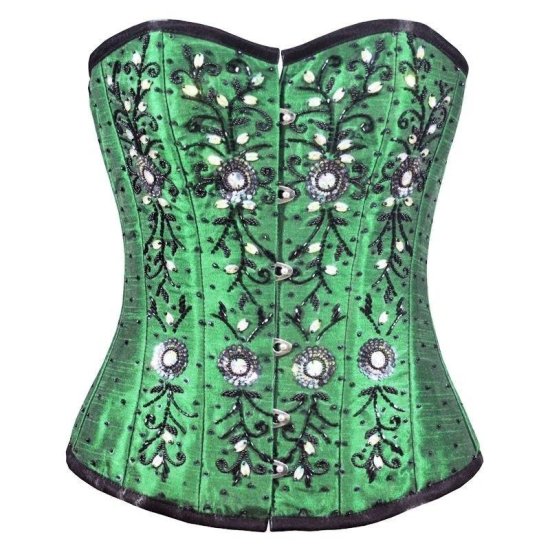 Steel Boned Corset Green Hand Beaded - Click Image to Close