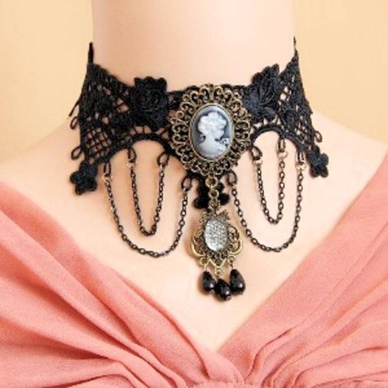 Choker Necklace Black Vintage Cameo Cascade - Click Image to Close