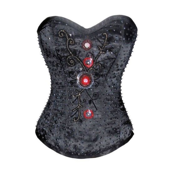 Steel Boned Black Corset Top with Red Beaded Design