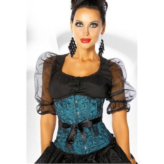Underbust Corset Teal with Black Lace Overlay Design - Click Image to Close