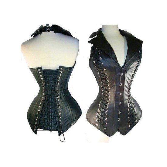 Steel Boned Corset Black Leather Fabric with Collar - Click Image to Close