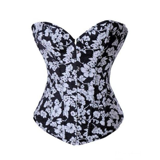 Corset Black Heavy Denim Fabric with White Flowers - Click Image to Close