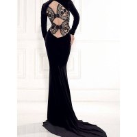 Black Velvet Dress Long with Back Lace Design