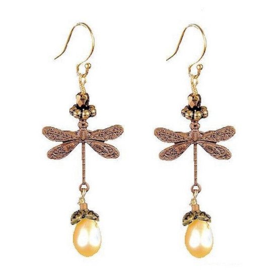 Earrings Dragonfly with Genuine Pearls - Click Image to Close
