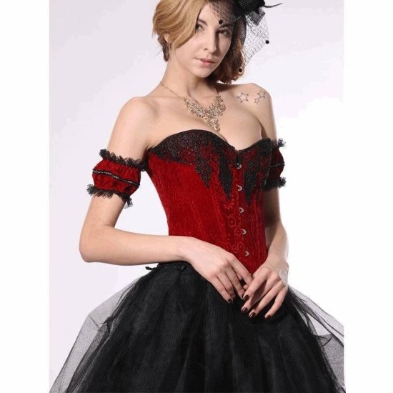Corset Red with Sleeves and Black Lace - Click Image to Close