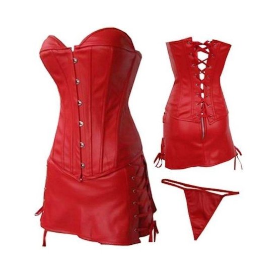 Corset Set Red with Matching Skirt in Soft Fabric - Click Image to Close