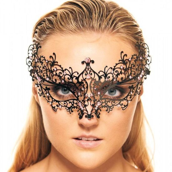Mask Black Metal Laser Cut with Pink Stones - Click Image to Close