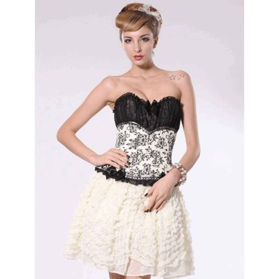 Corset Black Satin Bodice and White Floral Mid Section - Click Image to Close