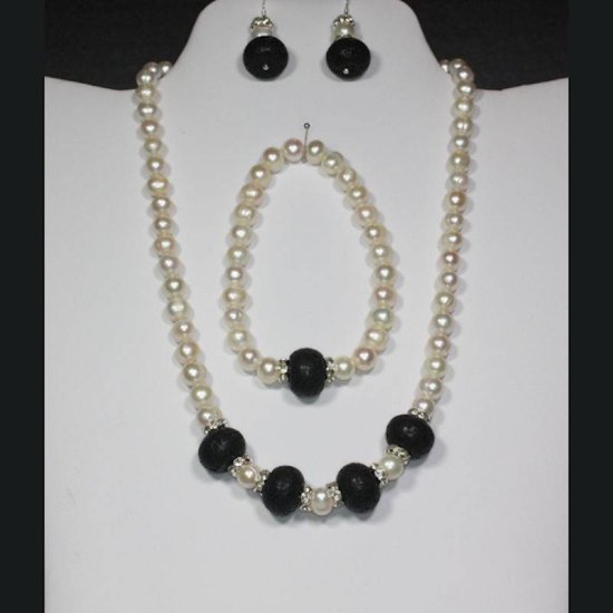Jewelry Set Genuine Pearl and Onyx Gemstone - Click Image to Close