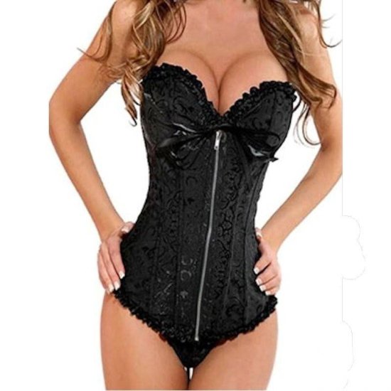 Corset Black with Ruffle Edging and Front Zipper - Click Image to Close