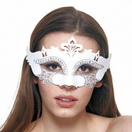 Mask White Bridal with Silver Glitter and Crystals - Click Image to Close