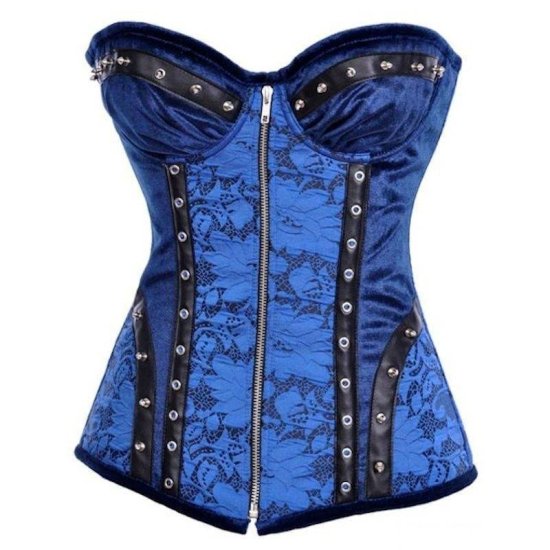 Steel Boned Corset Blue with Spiked Metal Trim