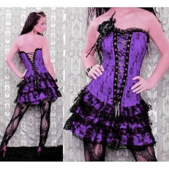 Corset Set Purple with Black Lace Overlay Design - Click Image to Close