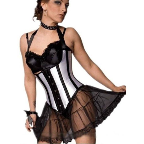 Underbust Corset White Satin with Black Trim - Click Image to Close