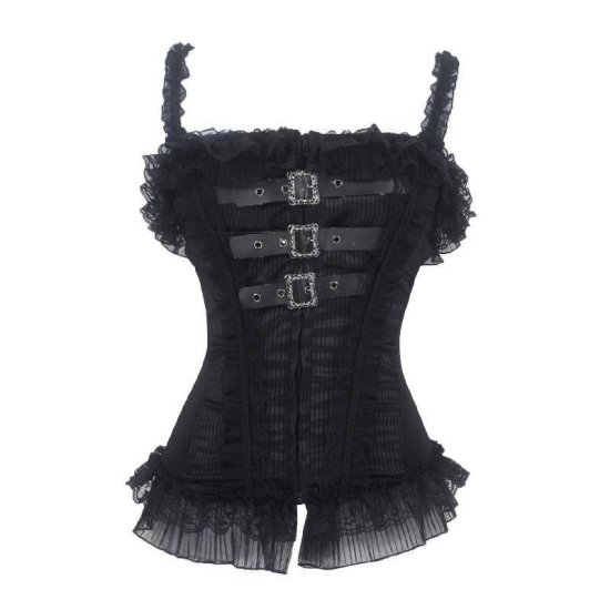 Corset Black with Stripes, Buckles and Ruffles - Click Image to Close