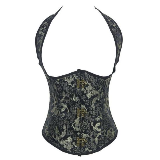 Steel Boned Underbust Corset Black with Dragons - Click Image to Close