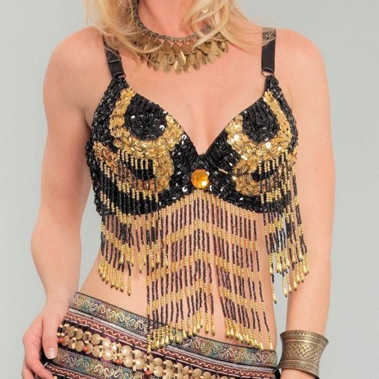 Belly Dance Beaded Bra Top in Black with Golden Designs - Click Image to Close