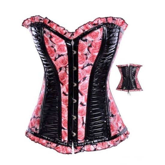 Steel Boned Corset Black and Roses, Vinyl and Satin - Click Image to Close
