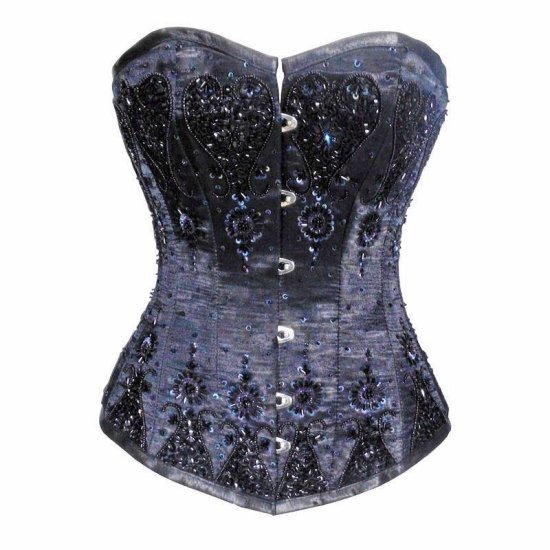 Steel Boned Corset Black Beaded - Click Image to Close