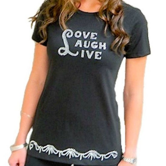 T-Shirt Rhinestone Live Love Laugh by Sabrina Barnett in Black - Click Image to Close