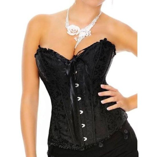 Corset Black with Ruffle Edging Also in Plus Sizes - Click Image to Close