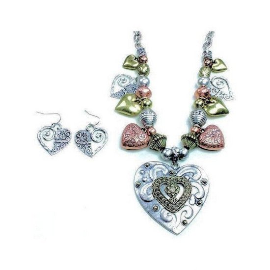 Jewelry Set Vintage Hearts Necklace and Earrings