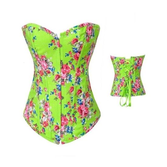 Corset Green Heavy Denim Fabric with Floral Designs - Click Image to Close