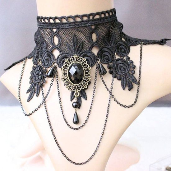 Choker Necklace Black Lace Beaded Charms - Click Image to Close