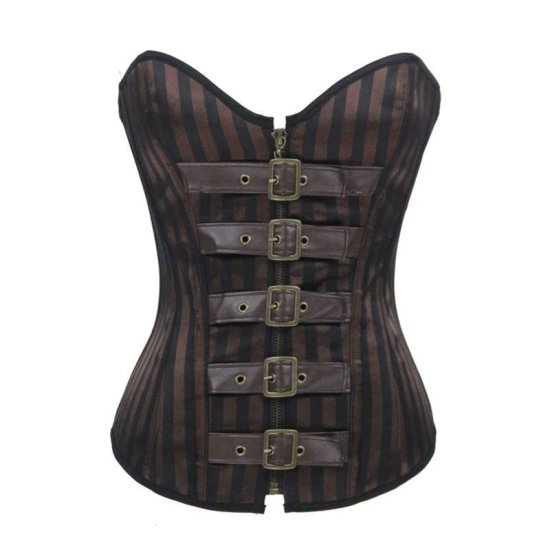 Steel Boned Corset Steam Punk Brown Striped Belted - Click Image to Close