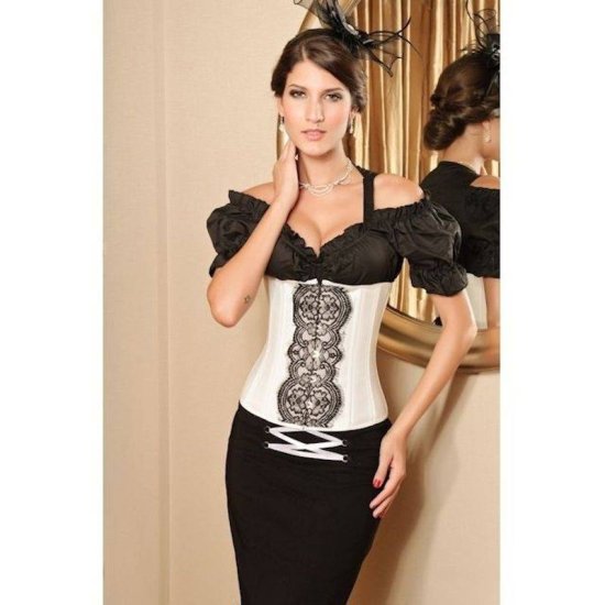 Underbust Corset White with Front Black Lace Design - Click Image to Close