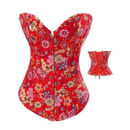 Corset Red Heavy Denim Floral Fabric - Click Image to Close