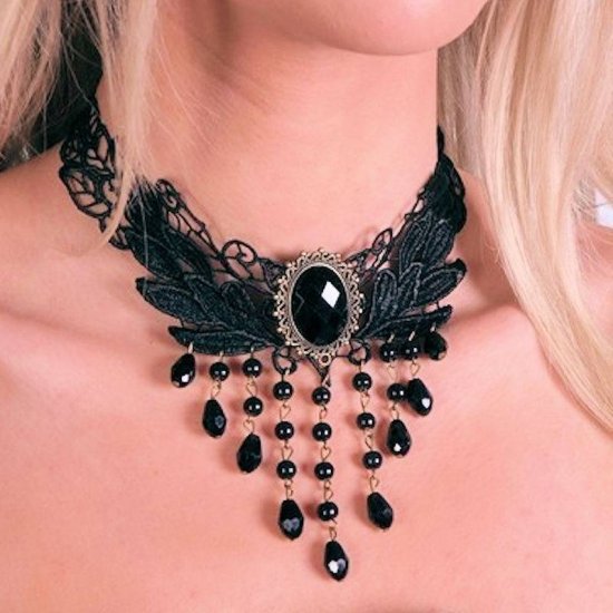 Choker Necklace Beaded Waterfall in Black Lace - Click Image to Close