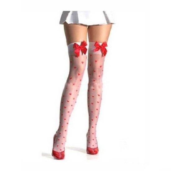 Stockings White Thigh High with Red Hearts and Bows - Click Image to Close