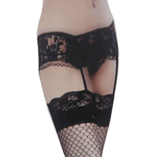 Garters and Stockings Black Fishnet with Lace Belt - Click Image to Close