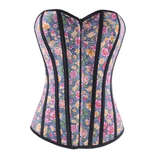 Corset Blue Denim Floral Design with Front Zipper - Click Image to Close