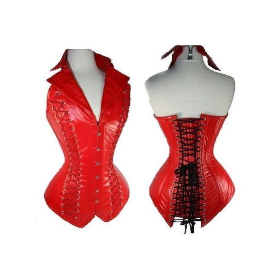 Steel Boned Corset Red Leather Fabric with Collar - Click Image to Close