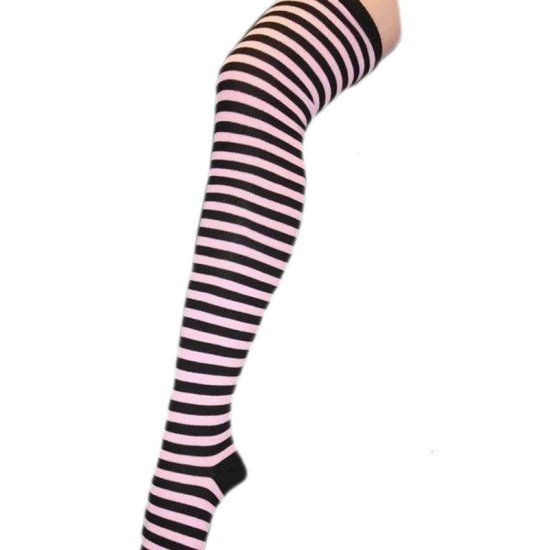 Striped Thigh High Socks Black and Pink