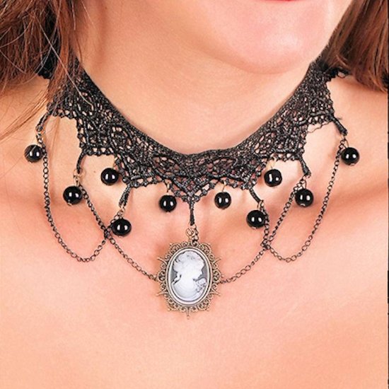 Choker Necklace Beaded Black Lace with Cameo Pendant - Click Image to Close