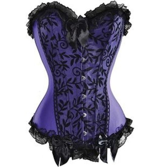 Corset Purple with Black Lace and Trim - Click Image to Close