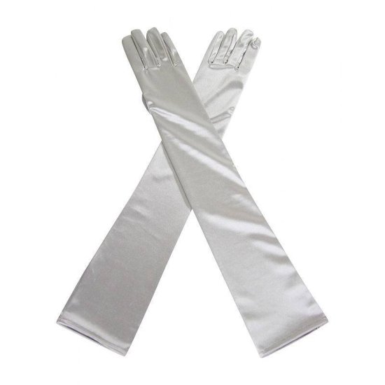 Gloves Silver Satin Long and Glamorous - Click Image to Close