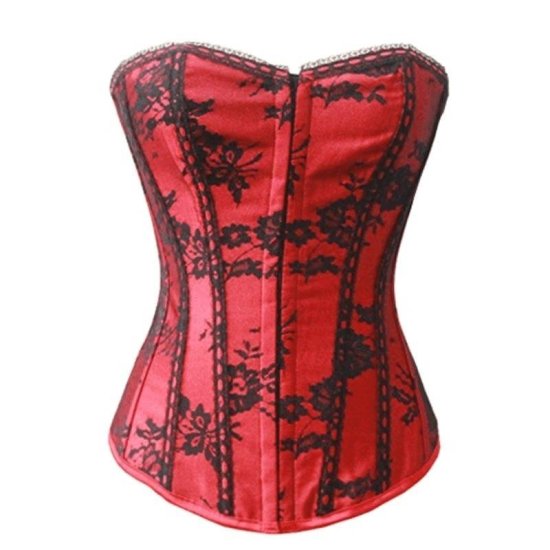 Corset Red with Black Flowers and Lace Trim - Click Image to Close