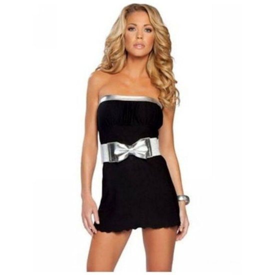 Dress Simple Black Club Wear Mini Dress with Silver Bow - Click Image to Close