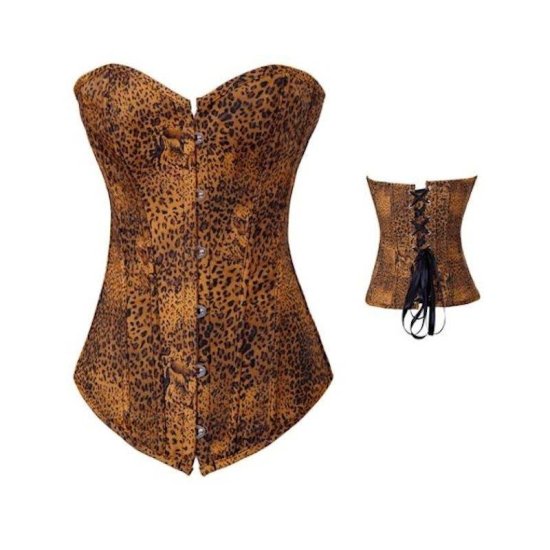 Corset Brown Denim Leopard Print Fabric - Click Image to Close