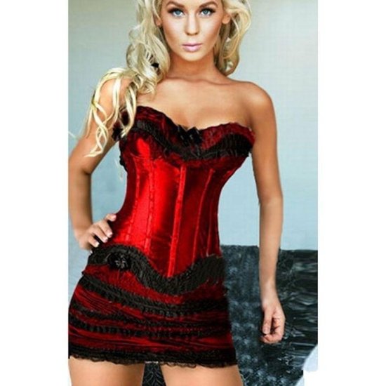 Corset Set Red Corset with Black Lace and Skirt - Click Image to Close