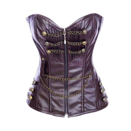 Steel Boned Corset Steam Punk Brown with Chain Trim - Click Image to Close