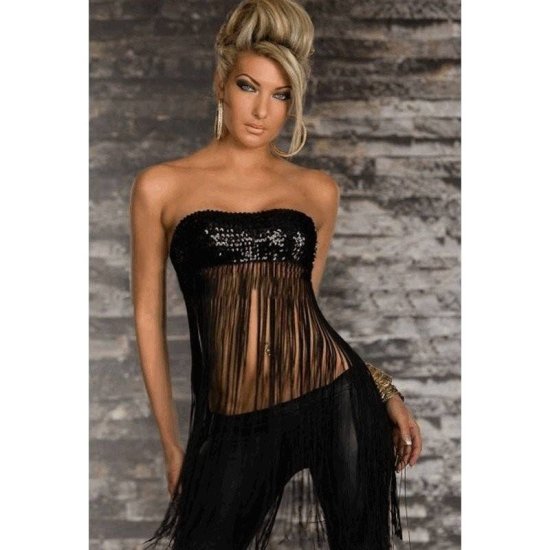 Beaded Top Black Sequin with Fringe Tassels - Click Image to Close