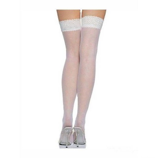 Stockings White Thigh High with Lace Hem - Click Image to Close