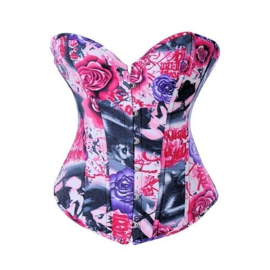 Corset Pink Denim with Rose Designs - Click Image to Close