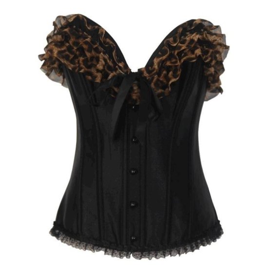 Steel Boned Corset Black with Leopard Print Ruffle - Click Image to Close